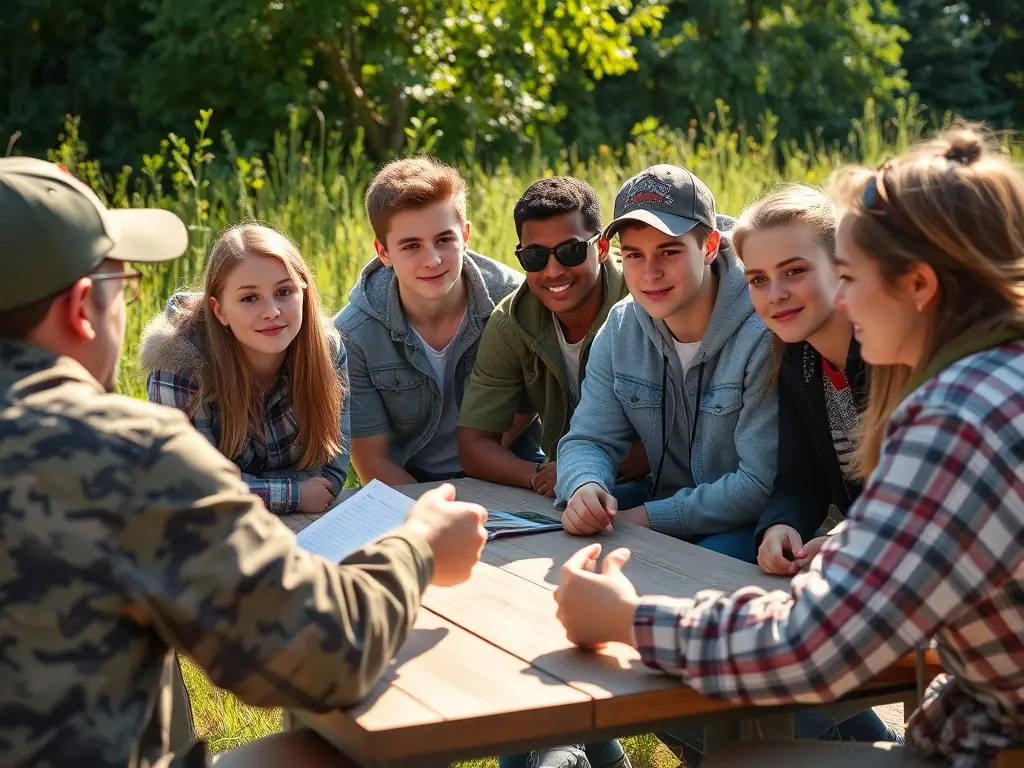 A photograph of a group of young people participating in a workshop on responsible hunting practices, emphasizing the educational aspect of ASSOCIATION COMMUNALE DE CHASSE AGREEE DE SAINT FLOUR.