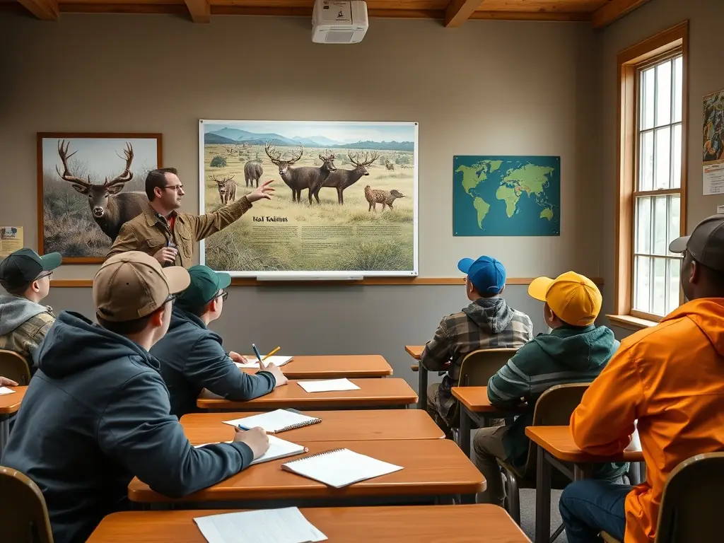 A classroom setting where instructors are teaching responsible hunting practices and wildlife conservation to a group of young hunters.