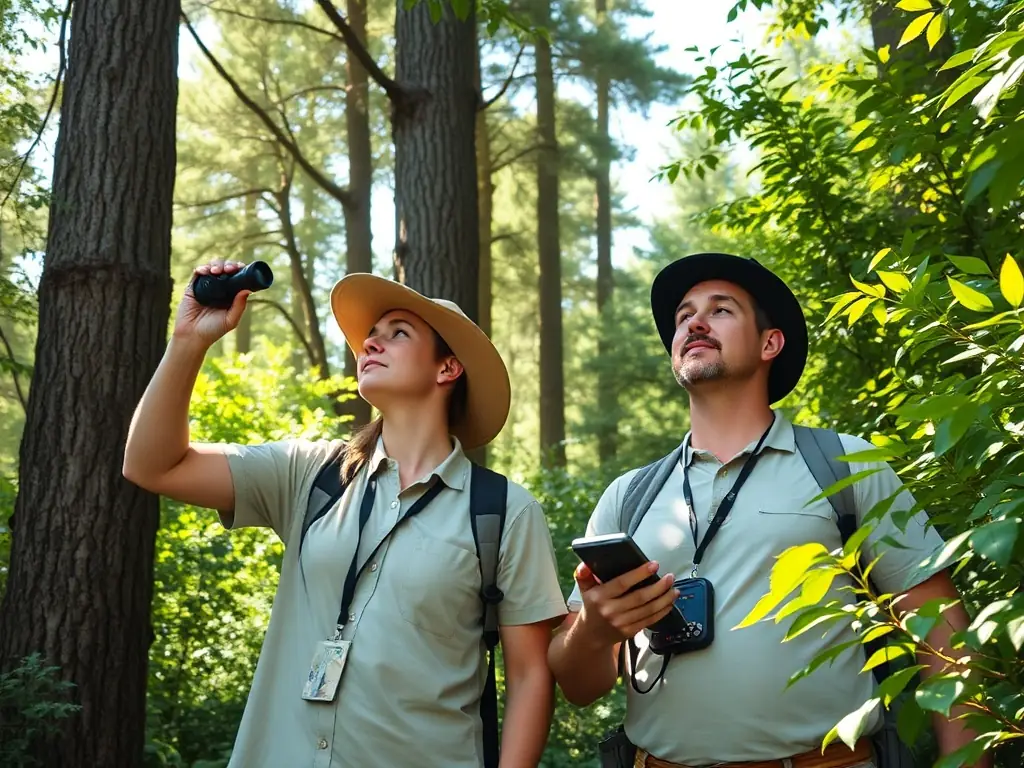An image depicting a wildlife monitoring team in action, using binoculars and GPS devices to track animal populations and assess ecosystem health.