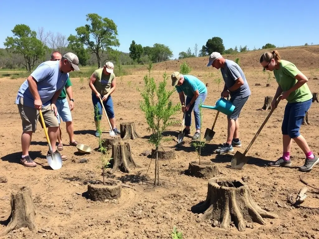 A group of volunteers planting trees in a deforested area, illustrating habitat restoration efforts by ASSOCIATION COMMUNALE DE CHASSE AGREEE DE SAINT FLOUR.