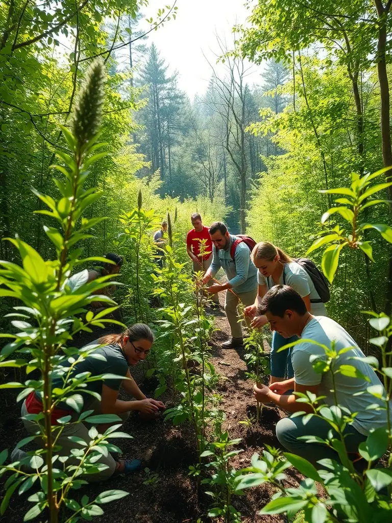 A photograph showing members of the association working together to restore a local habitat, planting trees and clearing invasive species. The image should emphasize teamwork and environmental stewardship.