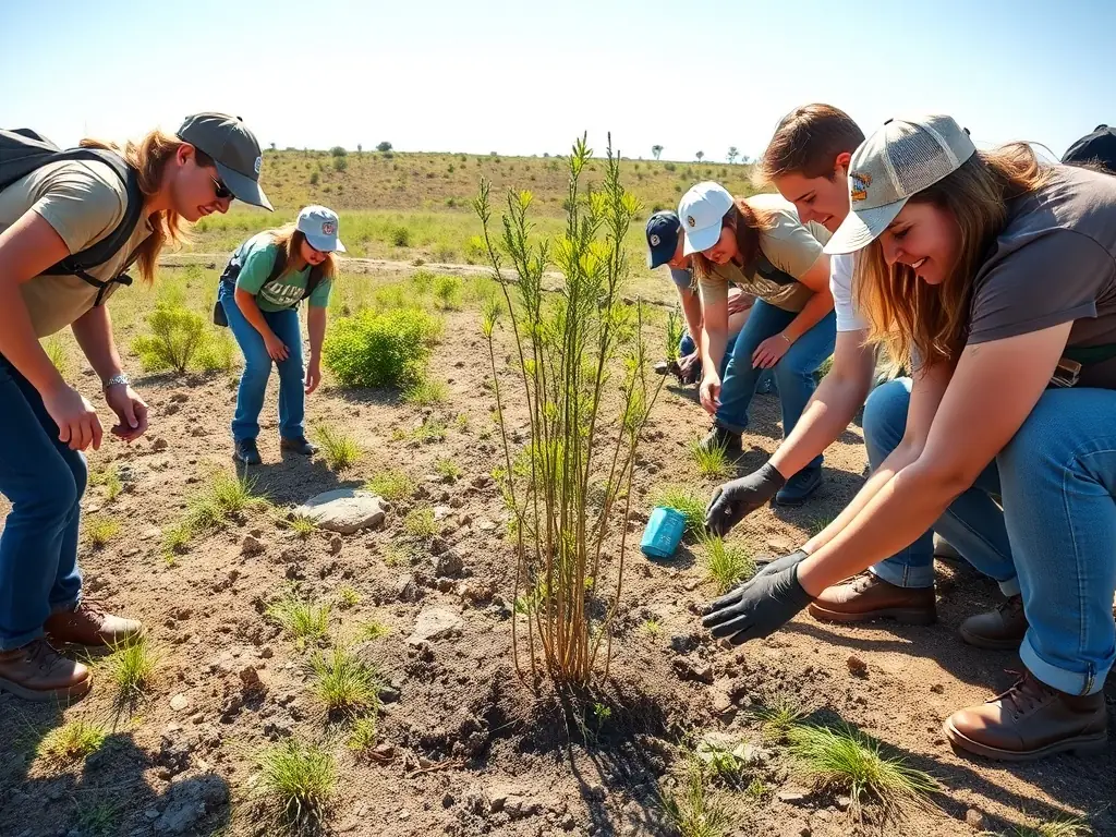 Volunteers planting trees and restoring a degraded habitat, showcasing the organization's commitment to environmental conservation.