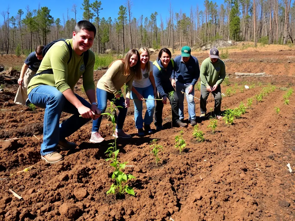 A photograph capturing a group of volunteers planting trees in a deforested area, symbolizing habitat restoration efforts by the ASSOCIATION COMMUNALE DE CHASSE AGREEE DE SAINT FLOUR.