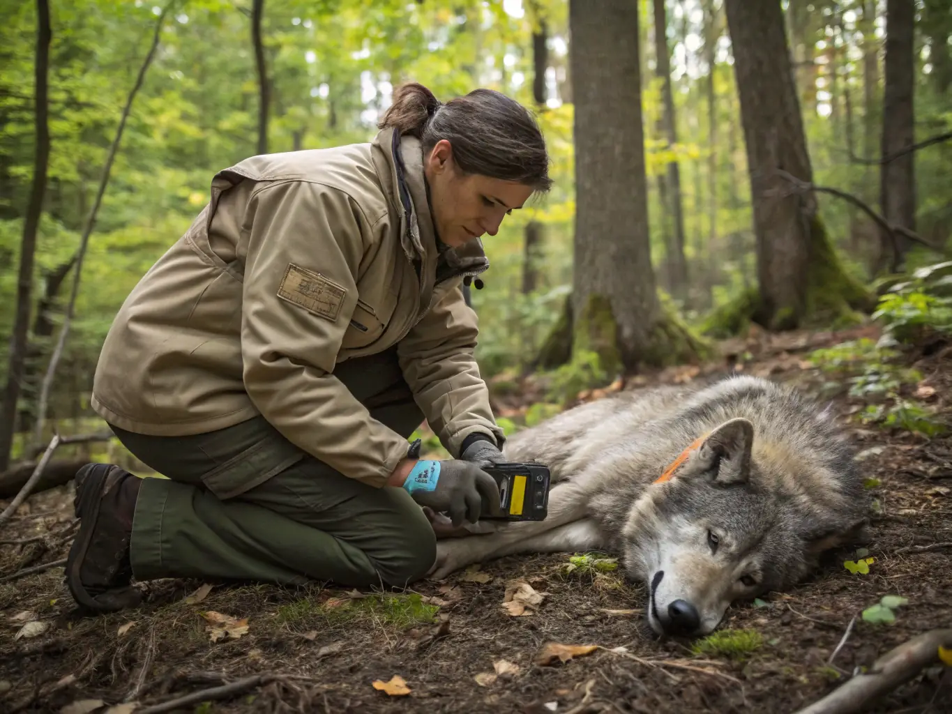 A photograph showing a wildlife biologist tagging a deer as part of a population monitoring program, highlighting the scientific approach to wildlife management.