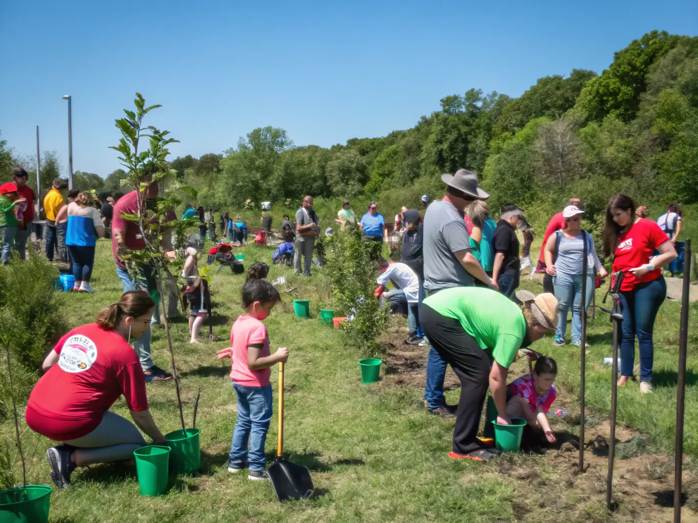 A group of volunteers planting native trees in a deforested area, illustrating habitat restoration efforts by ASSOCIATION COMMUNALE DE CHASSE AGREEE DE SAINT FLOUR.