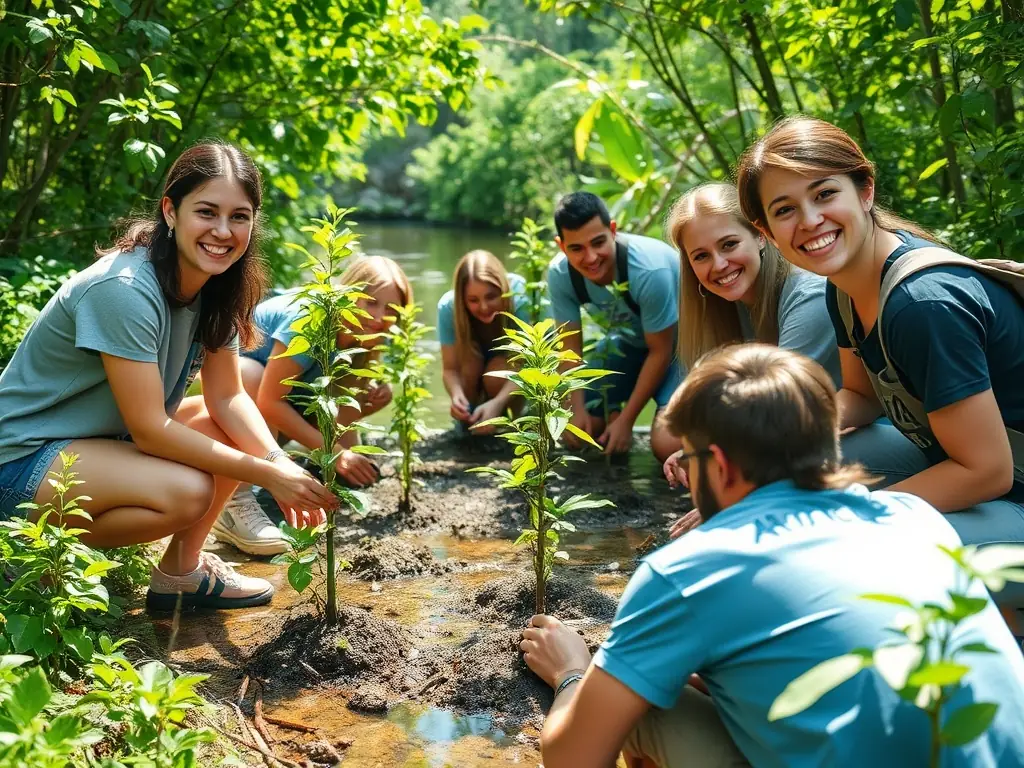 A photograph capturing volunteers from ASSOCIATION COMMUNALE DE CHASSE AGREEE DE SAINT FLOUR planting trees in a deforested area, symbolizing reforestation efforts and community involvement.