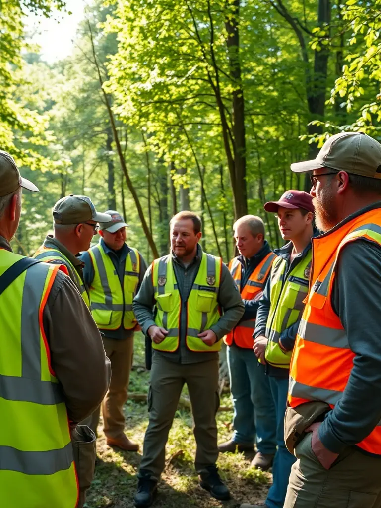 A photograph of a group of members attending a workshop on responsible hunting practices, led by an experienced instructor. The image should convey a sense of learning and skill development.