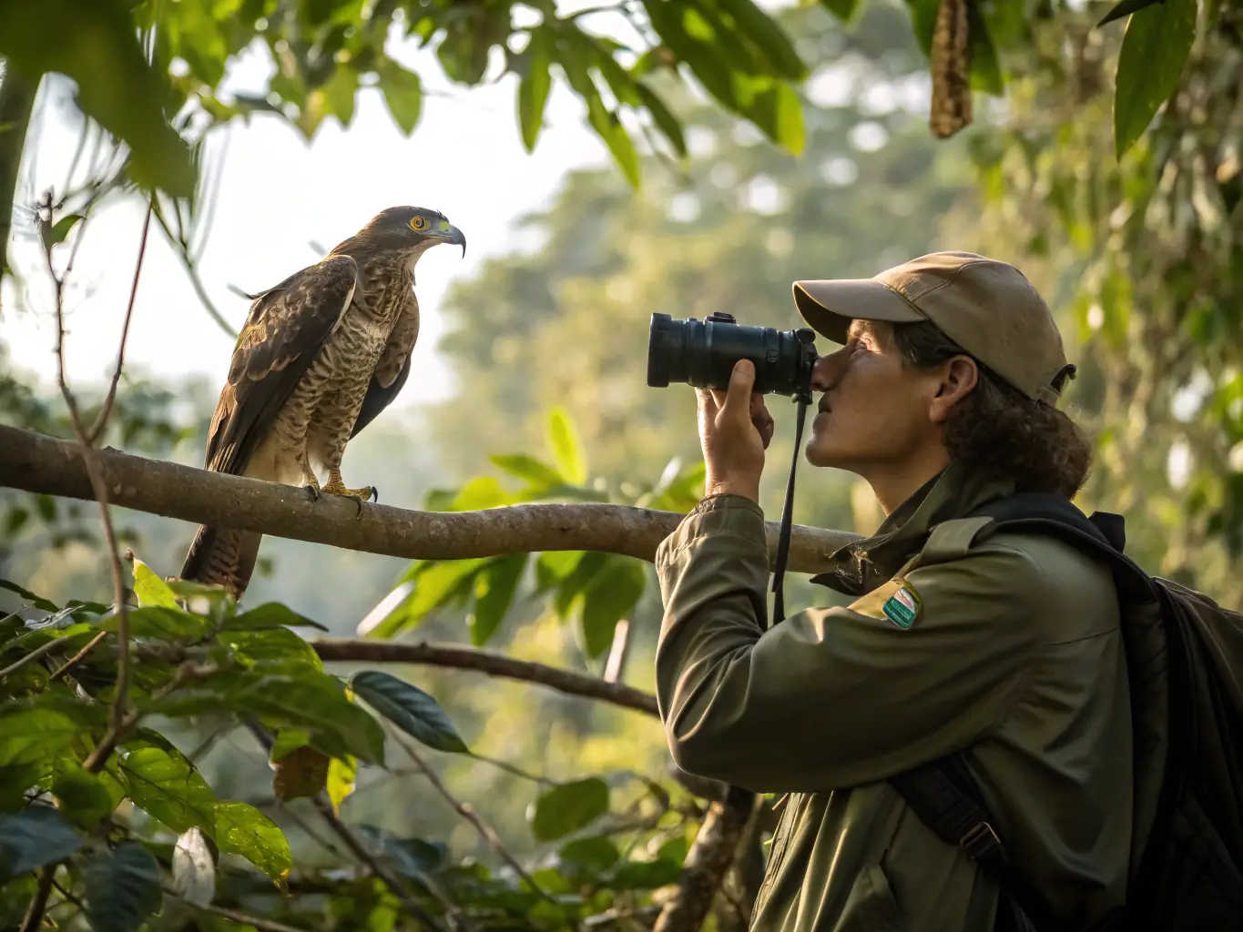 A researcher using binoculars to observe wildlife in their natural habitat, showcasing wildlife monitoring efforts by ASSOCIATION COMMUNALE DE CHASSE AGREEE DE SAINT FLOUR.