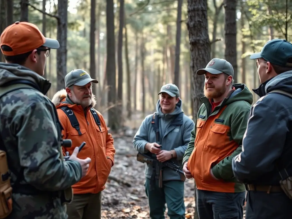 An image showing members of ASSOCIATION COMMUNALE DE CHASSE AGREEE DE SAINT FLOUR conducting a workshop on responsible hunting practices for local youth, emphasizing education and conservation.