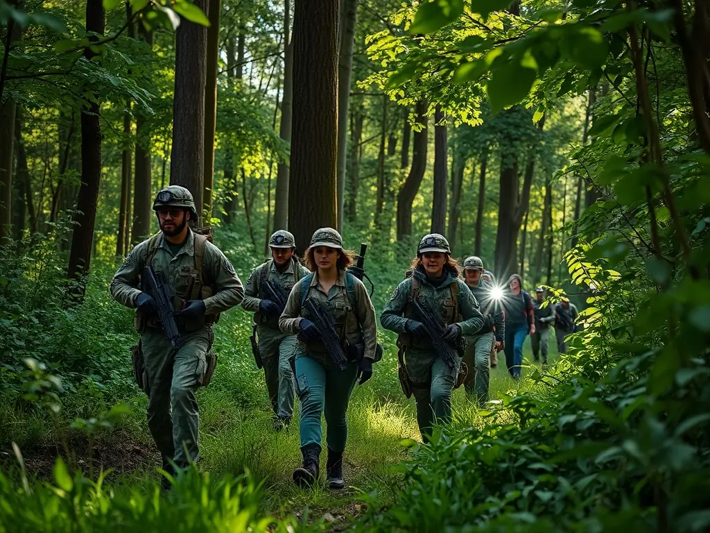 A group of members monitoring wildlife populations using tracking devices and cameras in a natural setting.