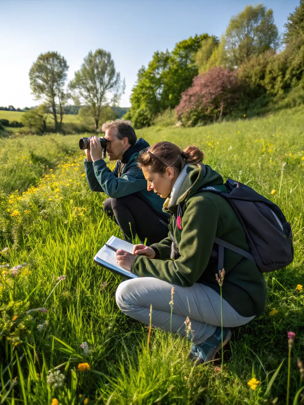 A photograph depicting a group of members participating in a wildlife census, using binoculars and notebooks in a natural setting. The image should convey a sense of scientific observation and data collection.