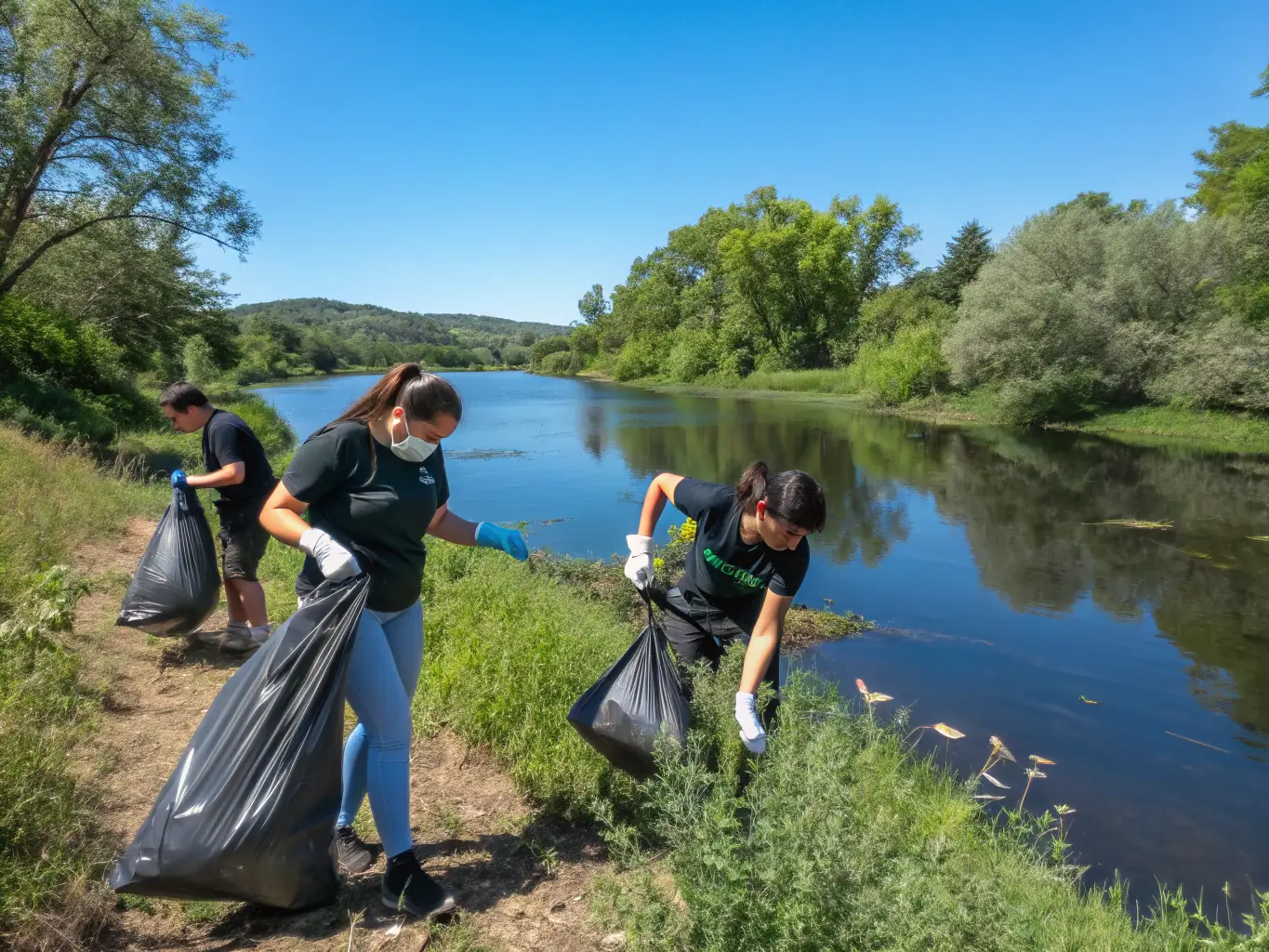A picture of ASSOCIATION COMMUNALE DE CHASSE AGREEE DE SAINT FLOUR members cleaning up a local riverbank, showcasing their dedication to preserving water resources and maintaining clean ecosystems.