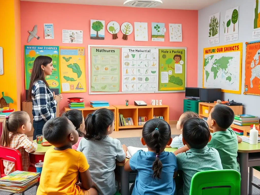 A classroom setting with instructors teaching children about wildlife conservation, representing educational workshops conducted by ASSOCIATION COMMUNALE DE CHASSE AGREEE DE SAINT FLOUR.