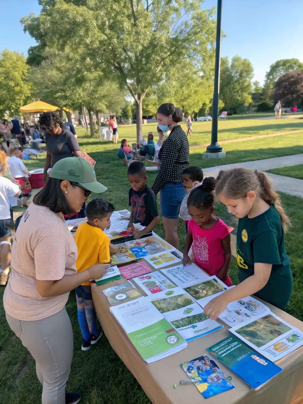 A photograph depicting members of the association engaging with local community members during an educational event, teaching children about wildlife conservation. The image should emphasize community engagement and education.