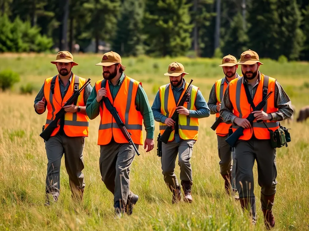 A group of hunters participating in a controlled hunt in a forest, with emphasis on safety and ethical hunting practices.