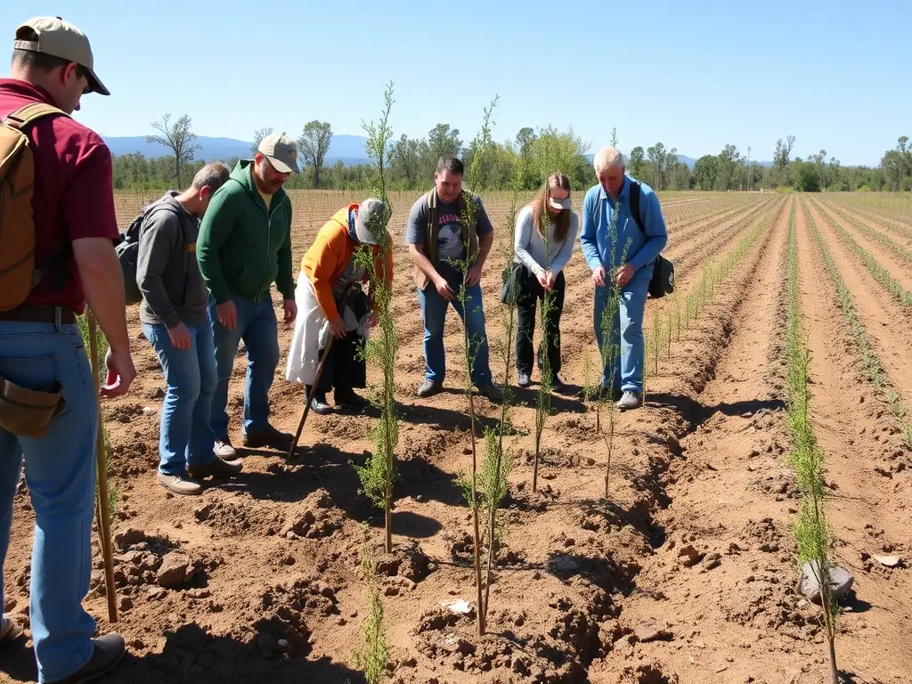A photograph depicting a group of volunteers planting trees in a deforested area, symbolizing habitat restoration efforts by ASSOCIATION COMMUNALE DE CHASSE AGREEE DE SAINT FLOUR.